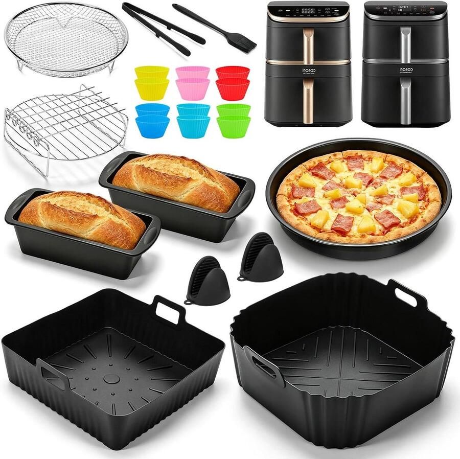Airfryer Accessoireset Siliconen Vormen Set Gezond Koken Dubbele Kamer Compatibel 108 liter Grijs