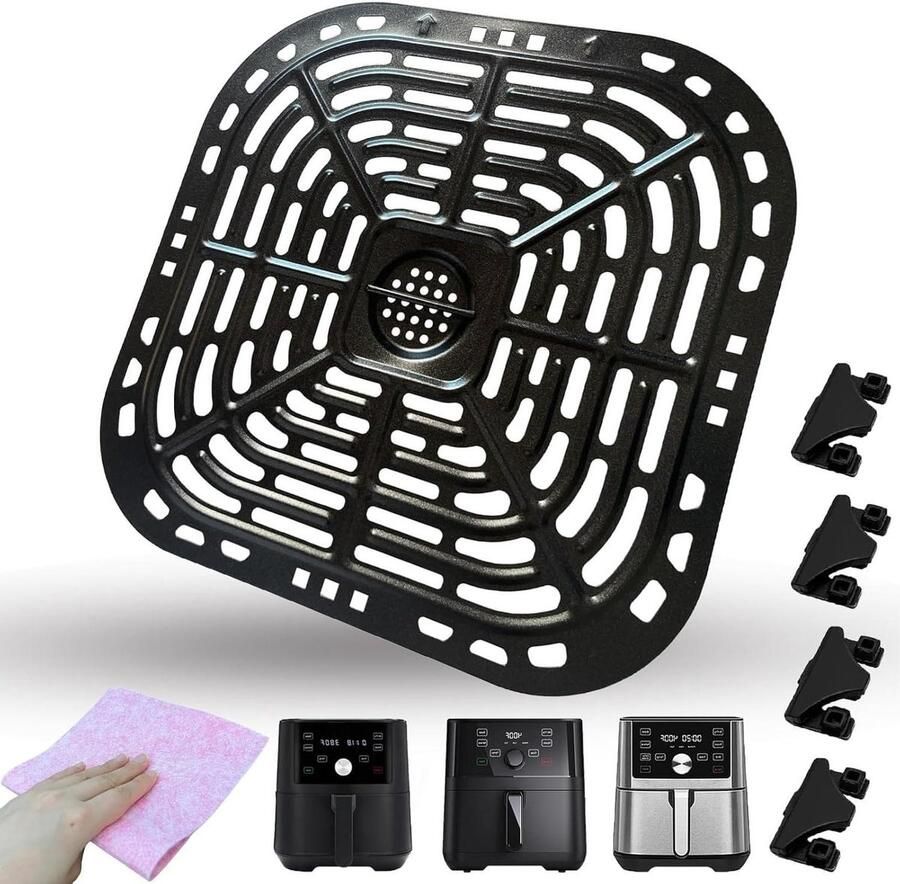 Airfryer Bak Crisper Plate Grillpan Gezond Koken Dubbellaags Antiaanbaklaag 24.5 x 23.5 cm Zwart