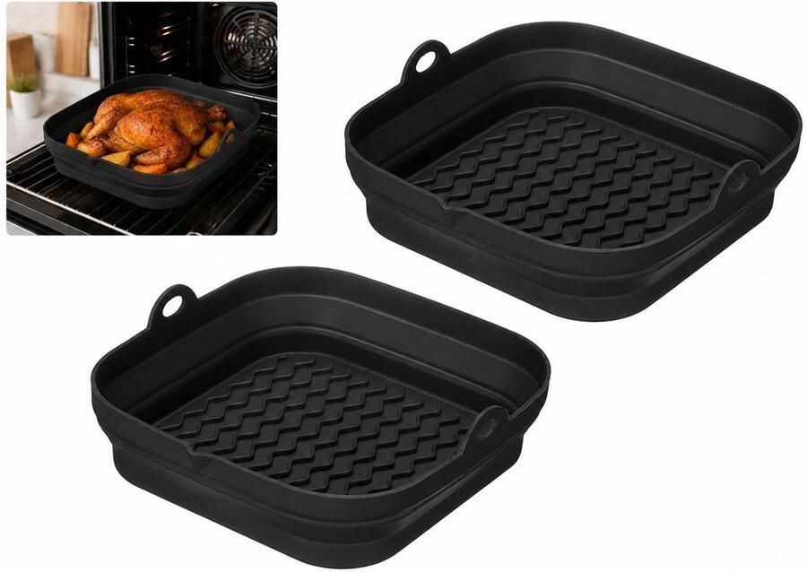 Airfryer Bakje 2 Stuks Siliconen Heteluchtfriteuse Bakvorm Opvouwbaar en Herbruikbaar Bakpapier Alternatief 21x20.3cm Zwart