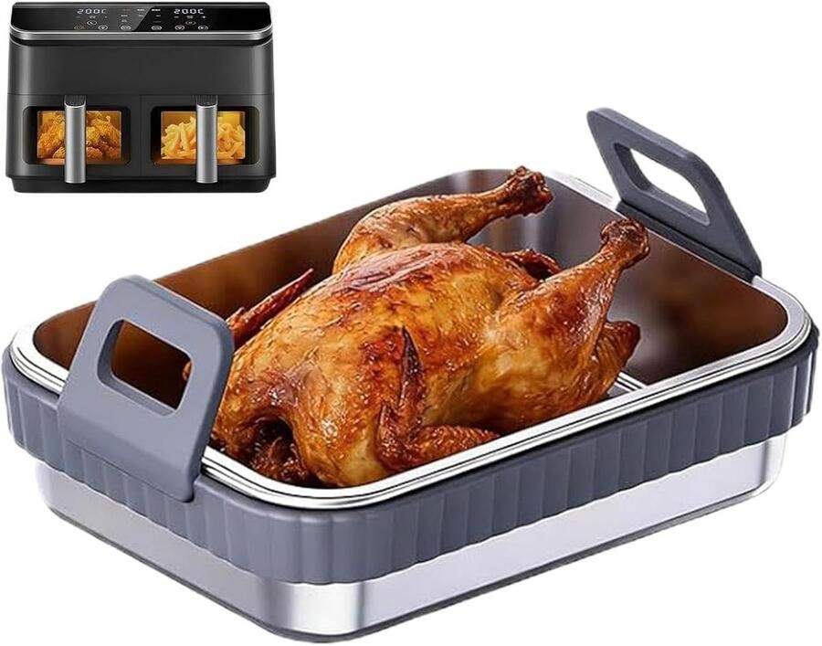 Airfryer Bakpan Metalen Mand Lade Gelijkmatig Koken Afneembare Siliconen Rand 195 x 15 x 48 cm