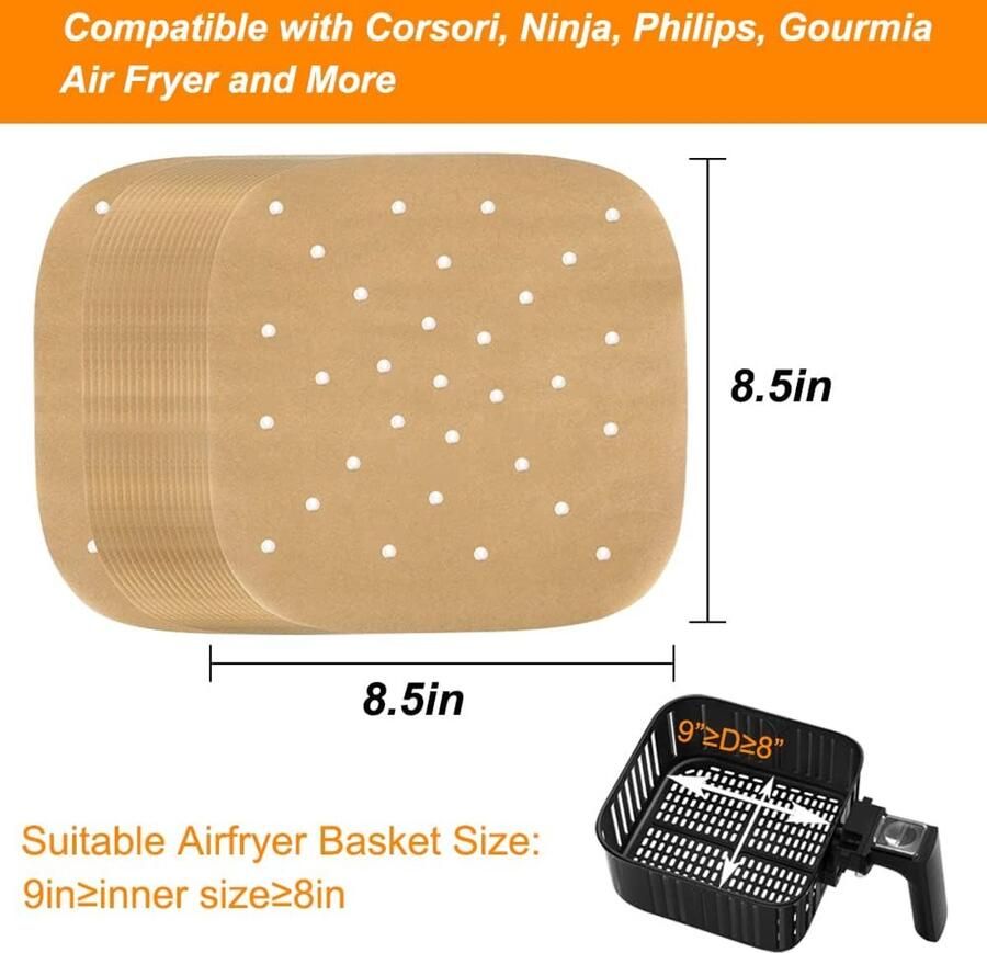 Airfryer bakplaten set van 200 8 5 inch ongebleekte geperforeerde vierkante airfryer bakplaten voor airfryers stoommandjes en meer