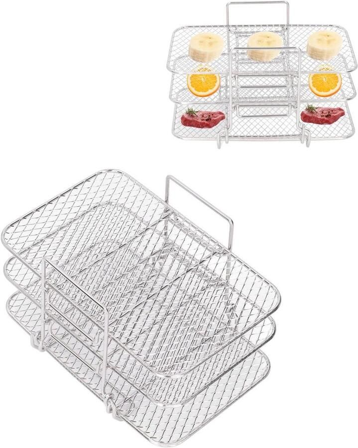 Airfryer Bakrek Grill Racks Koken en Bakken Drievoudig Stapelbaar 19 x 12 x 11.5 cm Zilver