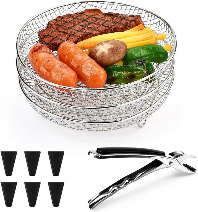 Airfryer Bakrooster Set Grillrooster Accessoires Gelijkmatig Koken Stapelbaar Ontwerp 3 Stuks 20x9.5cm Zilver
