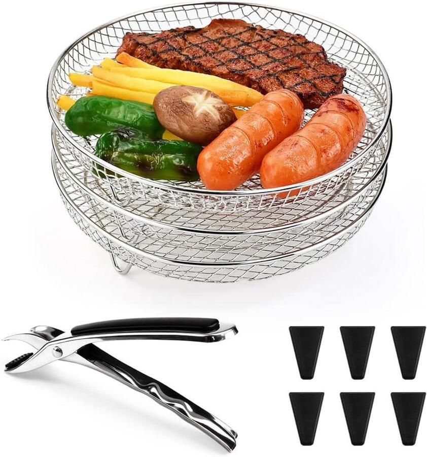 Airfryer Bakrooster Set Grillrooster Accessoires Gelijkmatig Koken Stapelbaar Ontwerp 3 Stuks 20x9.5cm Zilverkleurig