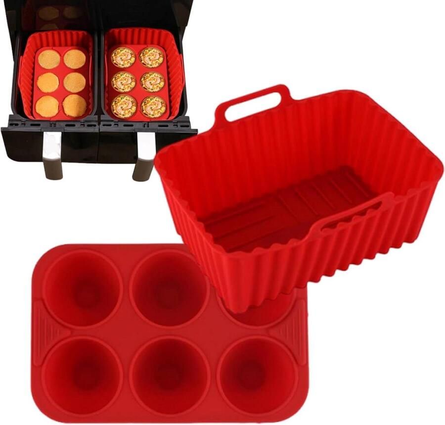 Airfryer Siliconen Mand Herbruikbare Bakmat Koken en Opwarmen Met Handvatten 22.5 x 15.5 cm Rood