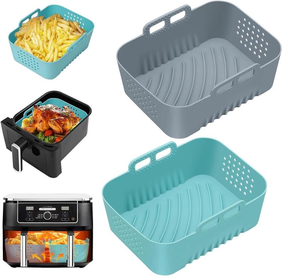 Airfryer Bakvorm Herbruikbare Bekleding Gezond Koken Dubbelzijdig Geperforeerd 19 x 14 x 7 cm Grijs Blauw