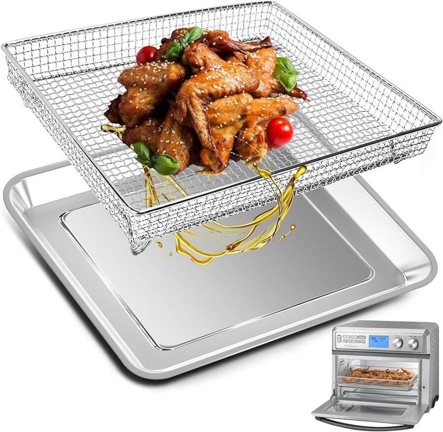 Airfryer Bakvorm Ovenmand Accessoire Gezond Koken Voedselveilig Roestvrij Staal 36.8 x 29.7 cm Zilver