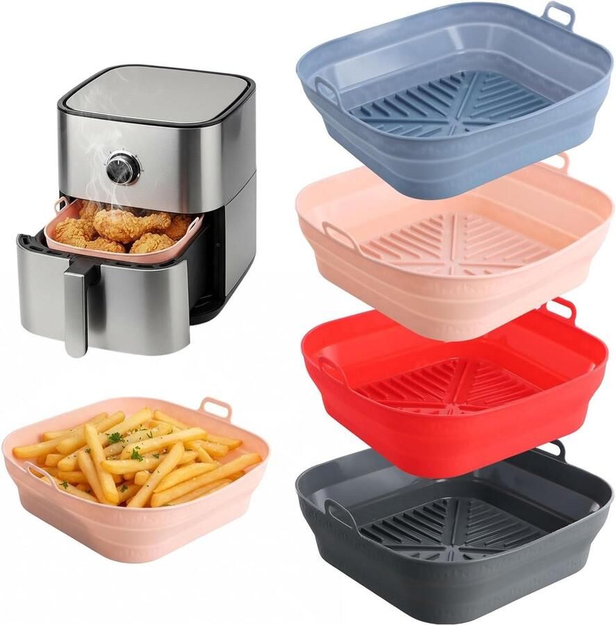 Airfryer Bakvorm Silicone Airfryer Accessoires Gezonder Bakken Vouwbaar Met Handvatten 4 stuks Rood Roze Blauw Grijs