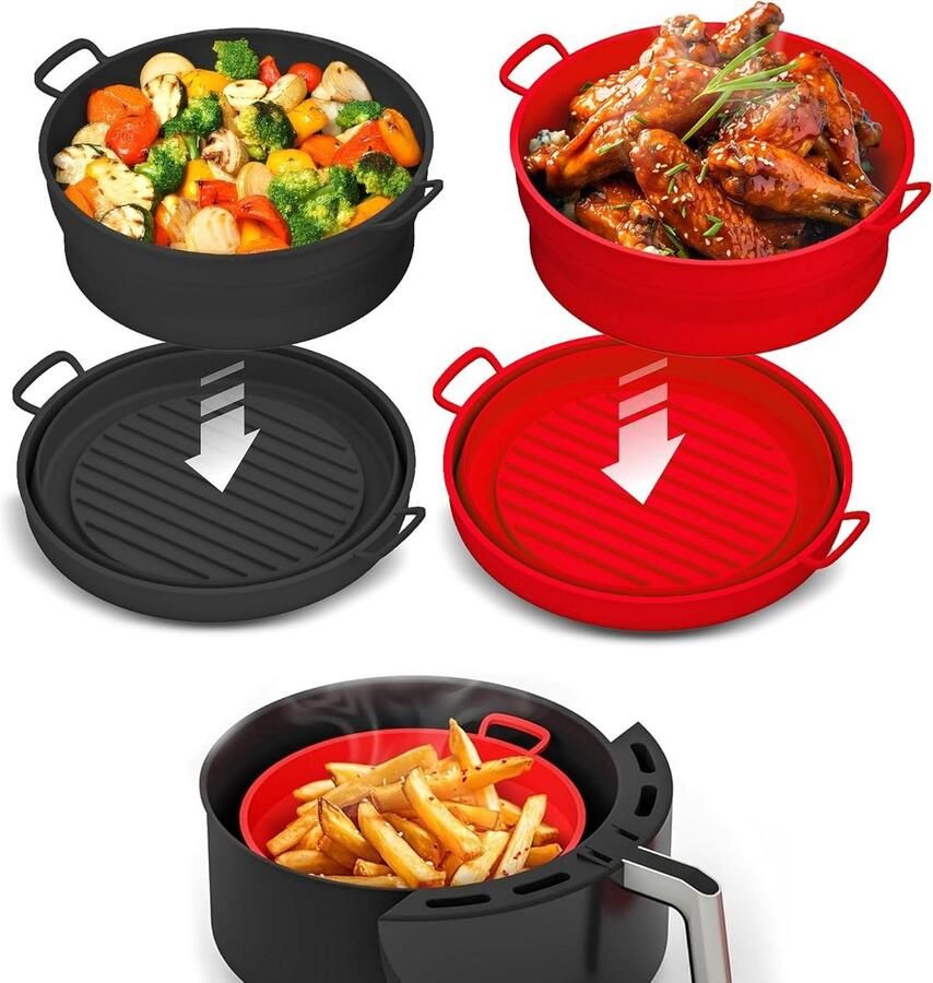 Airfryer Bakvorm Siliconen Liner Veelzijdig Koken Hittebestendig Materiaal Set van 2 Rood en Zwart