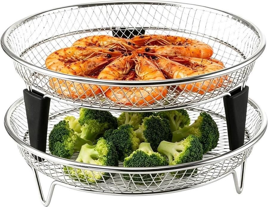 Airfryer Dienblad Stapelbaar Rooster Voedsel Bereiden Met Siliconen Voetjes 2-Delig Set Rond