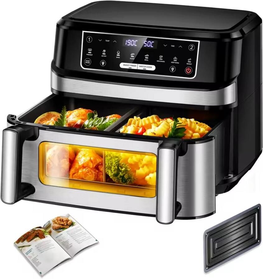 Airfryer Dubbel 12 Liter XXL – Dual Zone – Smart Finish – Match Cook – 8 Automatische Programma's – Met Kijkvenster – Zwart