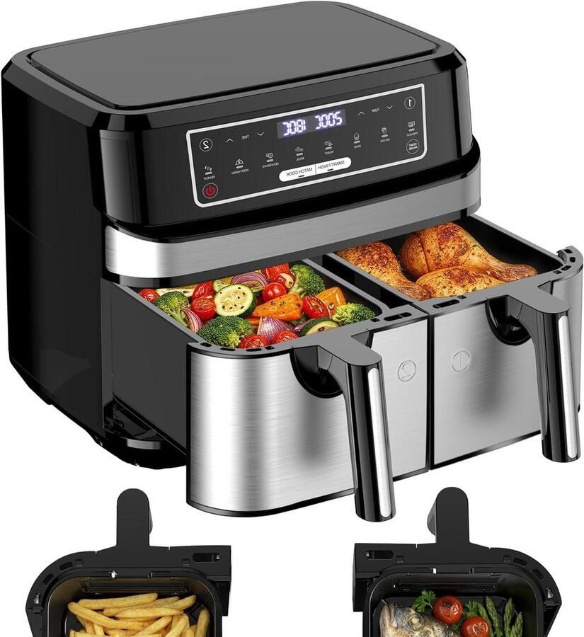 Airfryer met Dubbel Compartiment Dubbele Airfryer Heteluchtfriteuse Gezond Koken Slimme Finish Functie 9 Liter Zilver