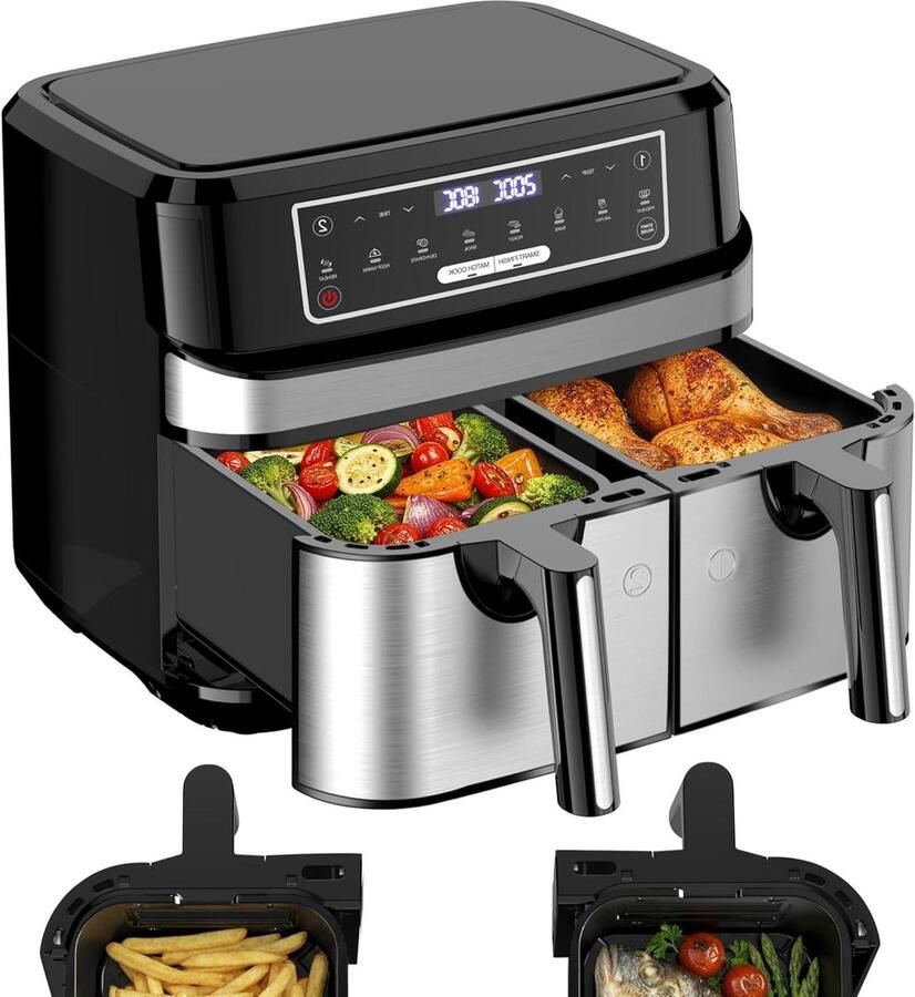 Airfryer Dubbel Compartiment Olievrije Frituurpan Gezond Koken Slimme Finish Functie 9 Liter Totaal Zilver