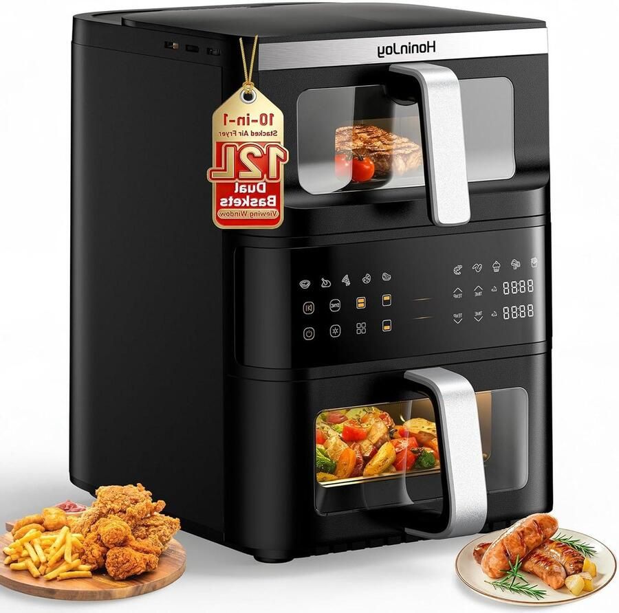 Airfryer Dubbele Mand Heteluchtfriteuse Duo Gezonde Maaltijden Verticaal Compact Design 4+8 Liter Zwart