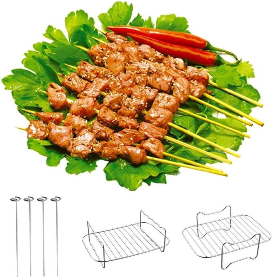 Airfryer Grill Accessoires Roestvrijstaal Kookgerei Gelijkmatige Warmte Dubbele Mand Functie 20x13x5 cm Zilverkleurig