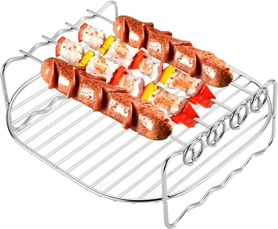Airfryer Grill Dubbele Grill Meer Koken Dubbele Laag 22 cm Zilver