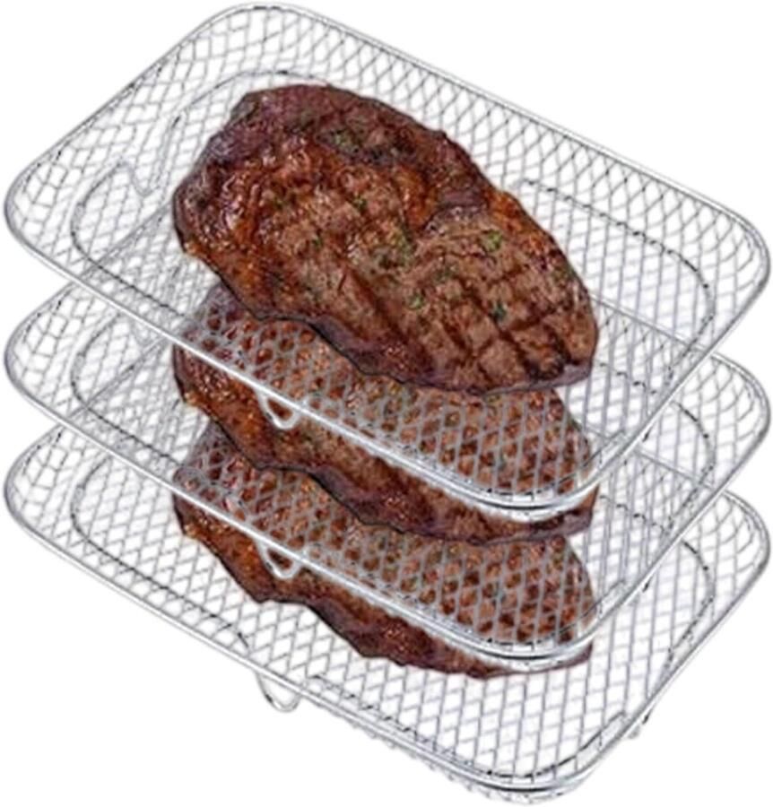 Airfryer Grill Oven Rooster Koken en Grillen Verhoogd Voedsel Rust 3 Lagen Zilver