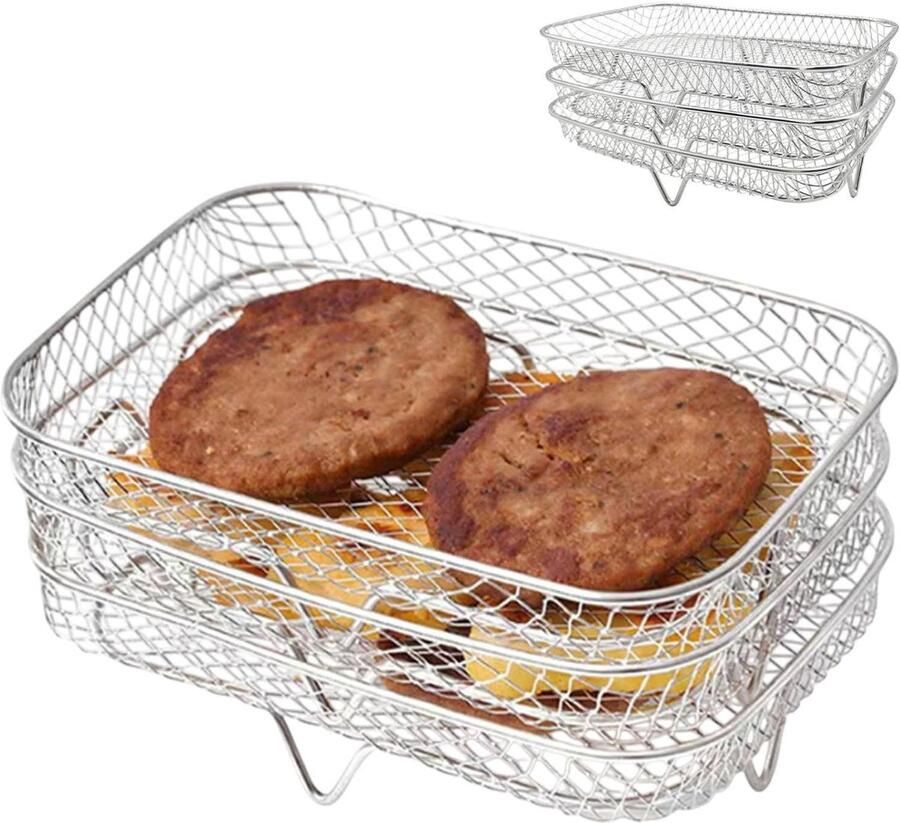 Airfryer Grill Rek Heteluchtfriteuse Accessoire Meer Koken Drielaags Ontwerp 19.5 x 13.4 cm Zilver