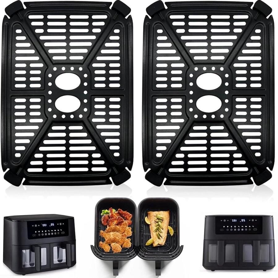 Airfryer Grillplaat Accessoire Set Gelijkmatig Grillen Voedselveilig Roestvrij Staal 2 stuks Zilverkleurig