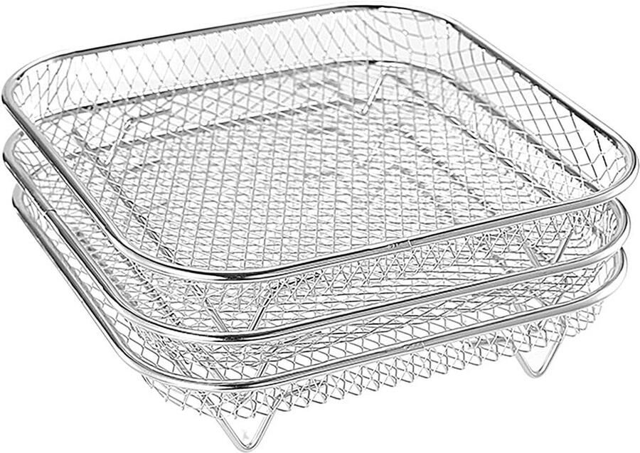 Airfryer Grillplaat Set Bakrooster Mand Koken in Airfryer Stapelbaar 3 Lagen 20 cm Zilver