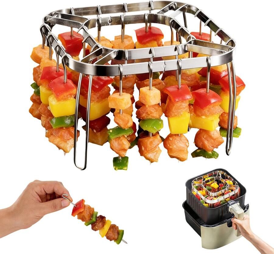 Airfryer Grillrek Met 28 RVS Spiesen Verticaal & Opvouwbaar Incl. Uitneemtang Voor Airfryers Vanaf 4 5 L 15 5 x 15 5 x 10 cm