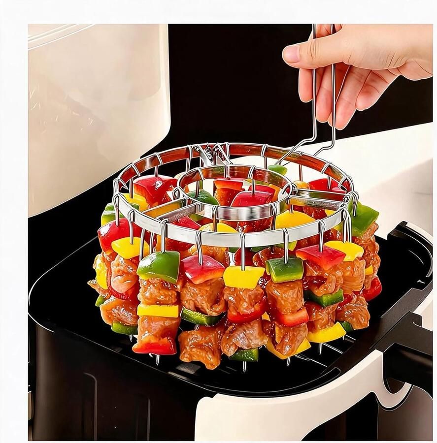 Airfryer Grillrek Rond Met 24 RVS Spiesen Verticaal & Opvouwbaar Incl. Uitneemtang Voor Airfryers Vanaf 4 5 L Ø16 3 x 10 cm