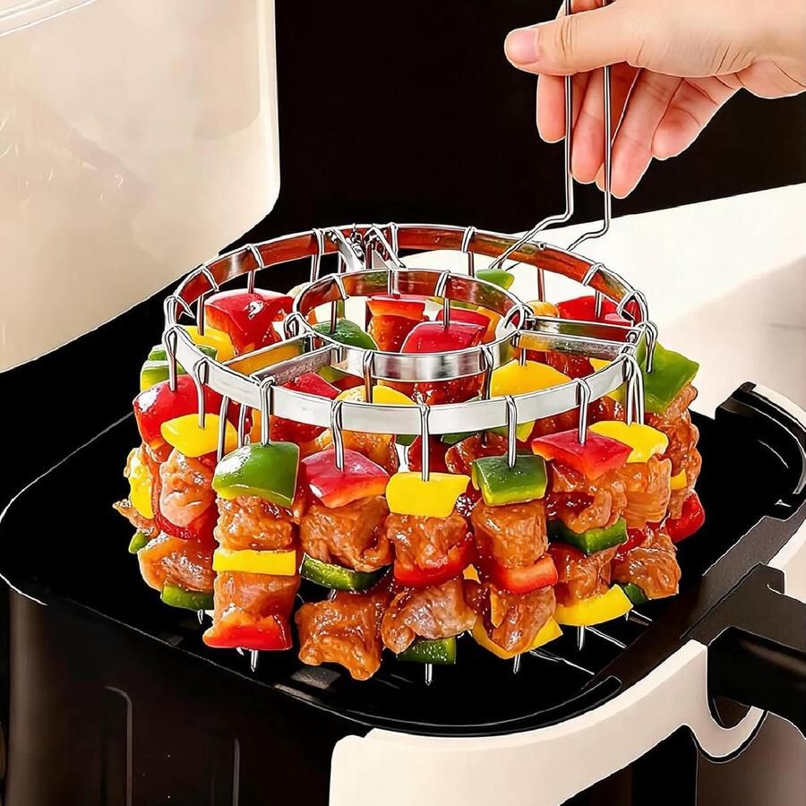 Airfryer Grillrek Rond Met 24 RVS Spiesen Verticaal & Opvouwbaar Incl. Uitneemtang Voor Airfryers Vanaf 4 5 L Ø16 3 x 10 cm