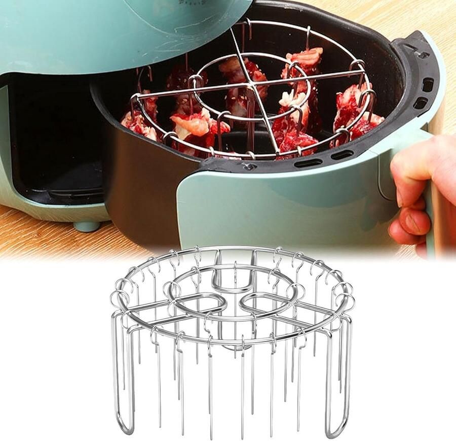 Airfryer Grillrek RVS met Vleeshaken & Spiezen 24 Haken Ø 16 cm Verticaal Kebab & Saté Rek voor Airfryer Oven & Stoompan Hittebestendig & Vaatwasserbestendig Zilver