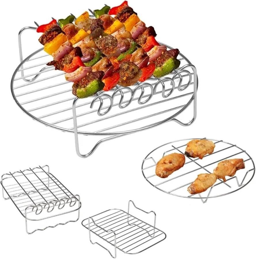Airfryer Grillrooster Bakrek Houder Barbecue Keuken Roestvrij Staal Dubbele Laag Zilver