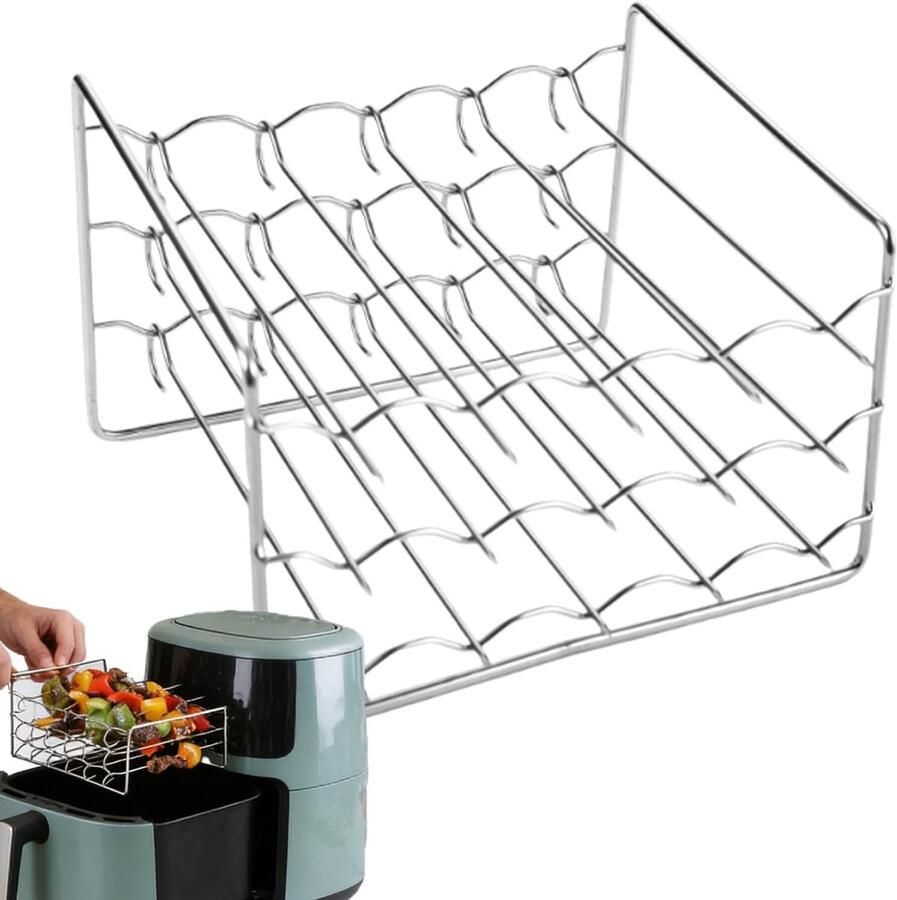 Airfryer Grillrooster Metalen Houder Gelijkmatig Grillen Drievoudig Stapelbaar 15 x 11.5 x 10 cm Zilver