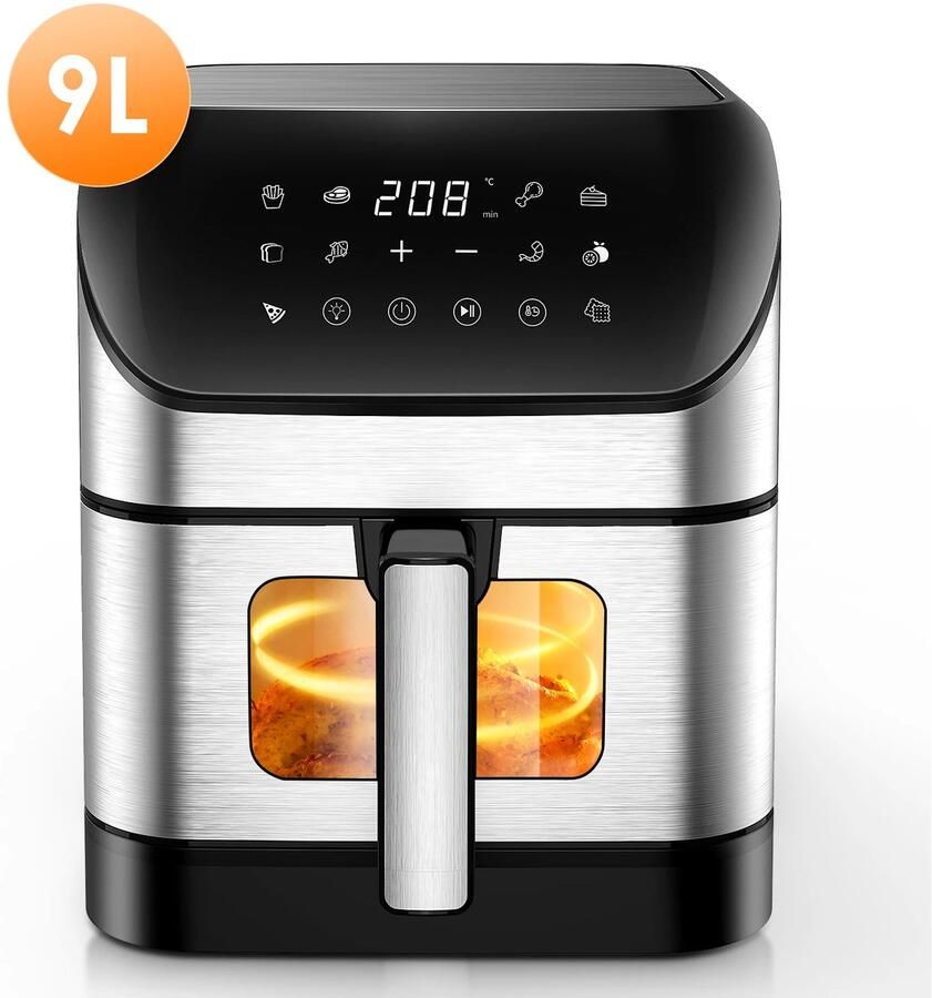 Airfryer Hetelucht friteuse 9L 10 vooraf ingestelde functies 1800W Digitaal Display -Slimme functies Geavanceerde 360° Luchttechnologie