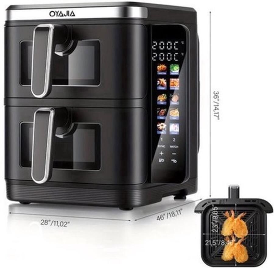 Airfryer – Heteluchtfriteuse – Dubbele Mand – Dubbele Lade – XXL Heteluchtoven – 11L Capaciteit – Verticaal Stapelbaar – PFAS-vrij – 2800W – 10 Kookprogramma s – Sync & Match Functie