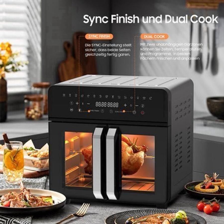 Airfryer – Heteluchtfriteuse – Friteuse – Heteluchtoven – Gezond Koken – 23L XXL Inhoud – Dual-Zone Met Koekprogramma s & Verlichting