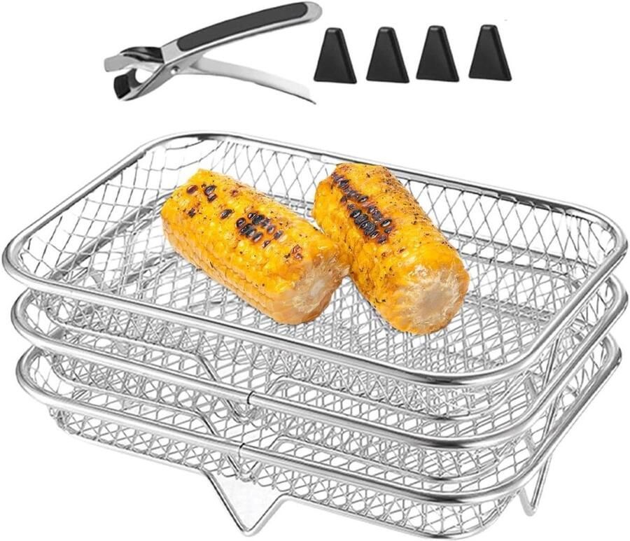 Airfryer Kookrekken Grill Mand Koken en Bakken Stapelbare Drielagen Structuur 3 Stuks Zilver