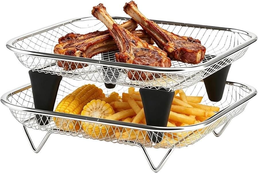 Heteluchtfriteuse Rek Stapelbare Planken Meer Koken Roestvrij Staal 2-delig Zilver