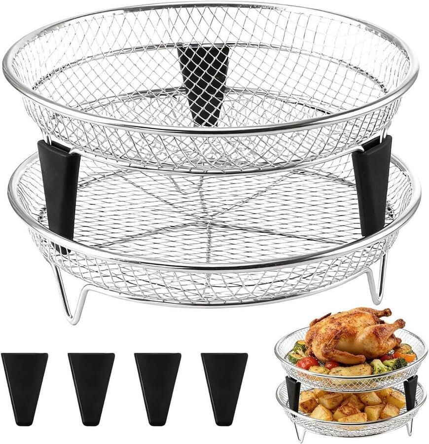 Airfryer Lades Stapelbare Mand Maaltijden Bereiden Roestvrij Staal 4-6.5L Capaciteit Zilver