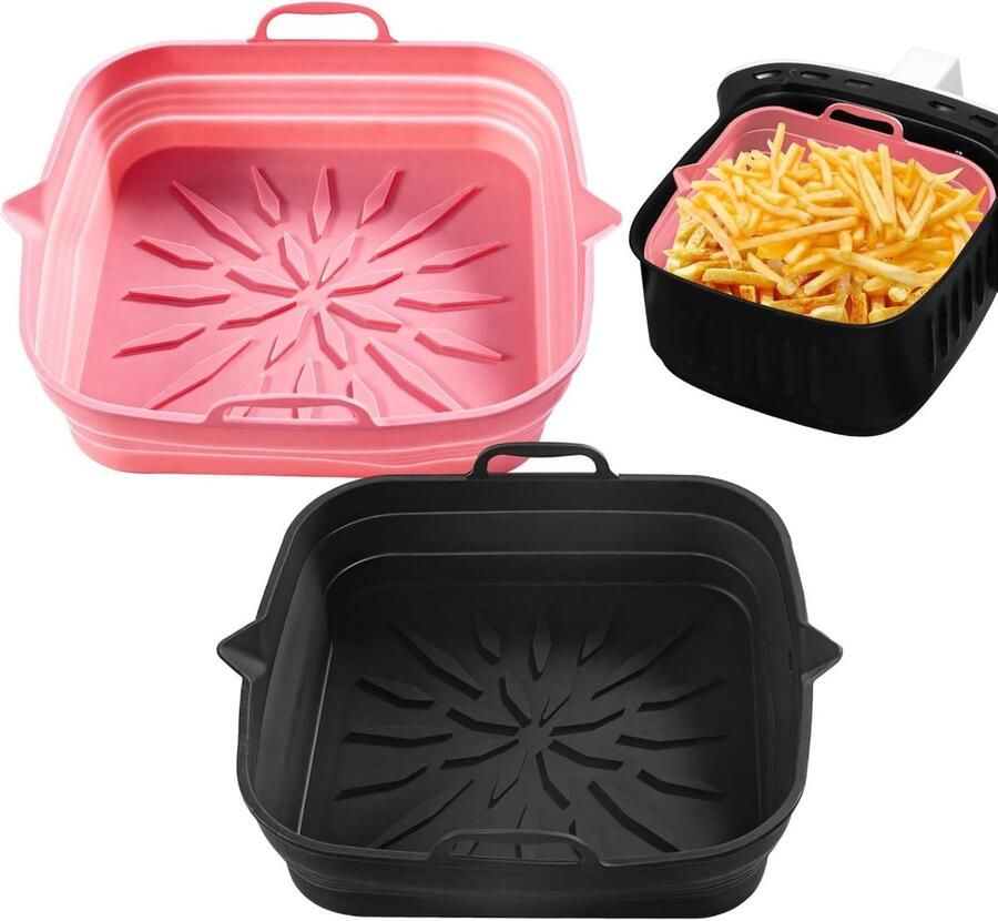 Airfryer Liners Bakjes Sets Gezond Koken Opvouwbaar Ontwerp 2 Stuks Zwart Roze