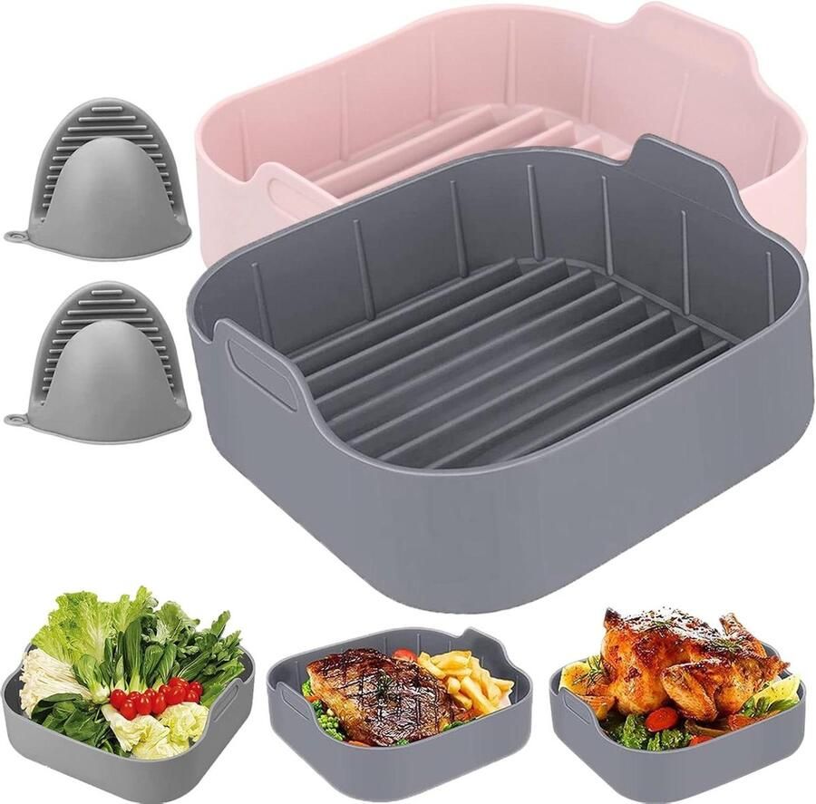 Airfryer Liners Silicone Mand Gezonder Koken Inclusief Hittebestendige Handschoenen 20 cm Vierkant Grijs