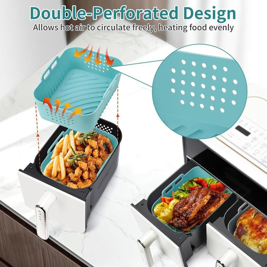 Airfryer Liners Siliconen Herbruikbare Bakjes Koken en Bakken Dubbelzijdig Geperforeerd 19 x 14 x 7 cm
