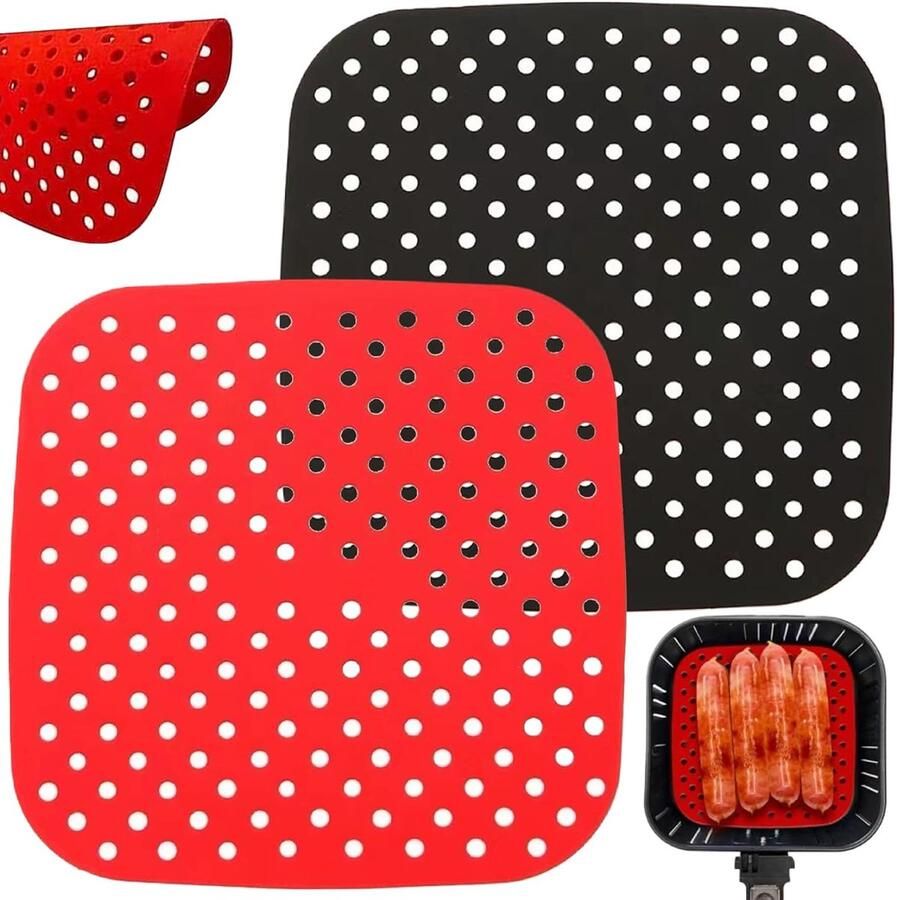 Airfryer Liners Siliconen Matten Luchtcirculatie Verbeteren Herbruikbaar & Geperforeerd 21x21 cm Zwart en Rood