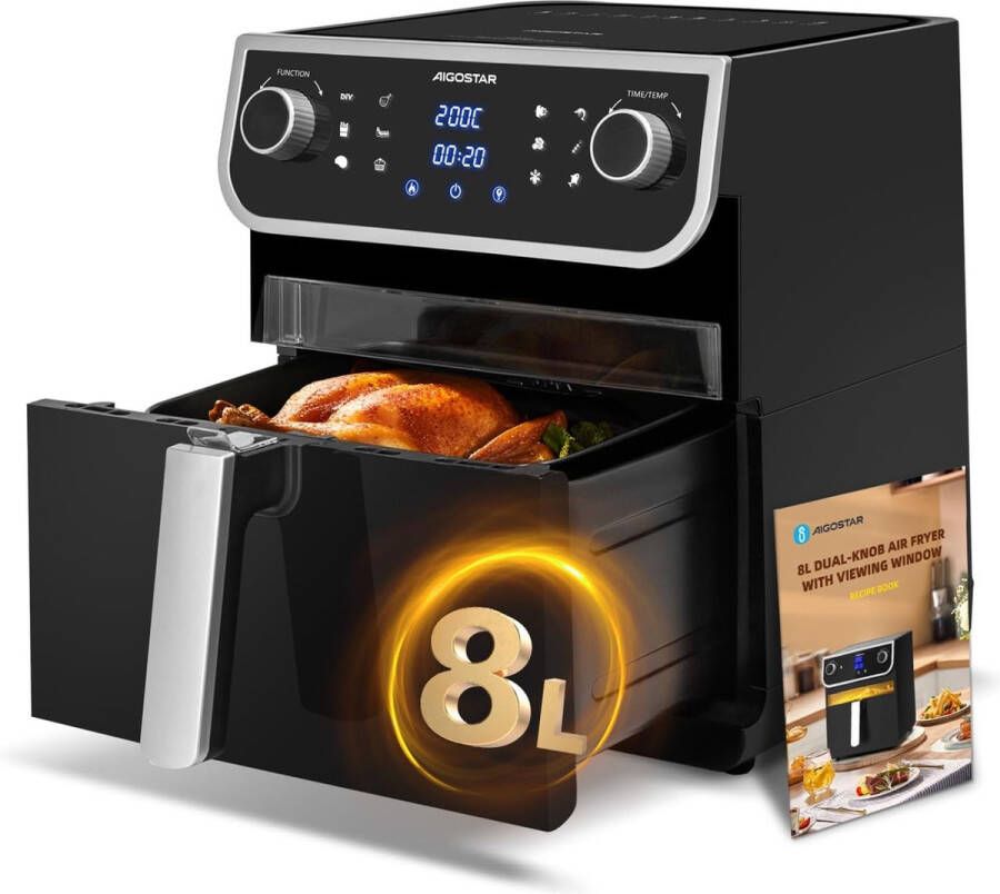Airfryer Luchtfriteuse Ruime inhoud van 8 liter Met led touch display BPA vrij XXL friteuse 12 vooraf ingestelde programma's Voor 4tot 6 personen 1700w keuken Zwart