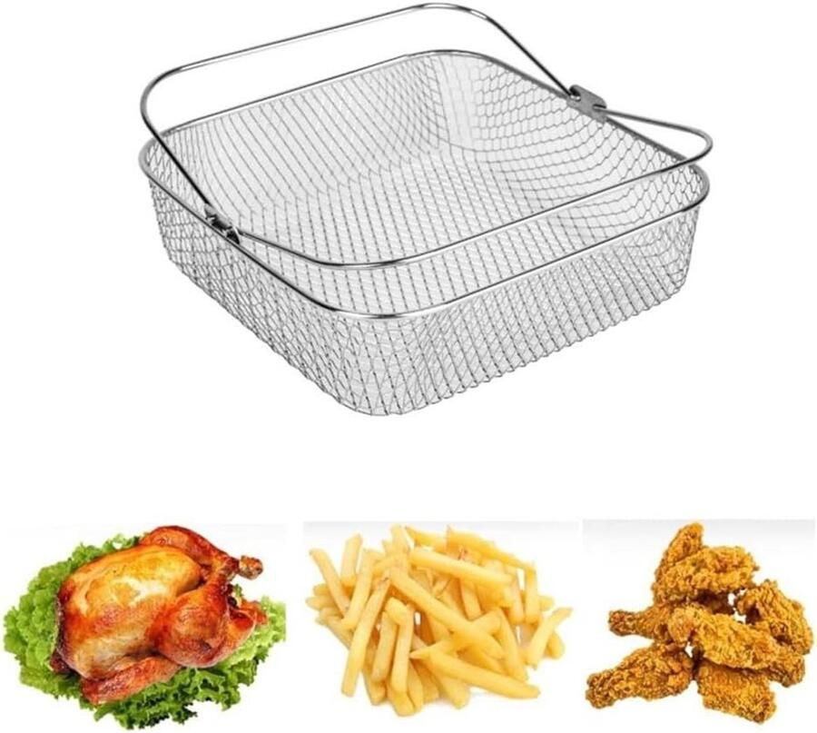 Airfryer Mand Roestvrijstaal Gaas Lucht Frituren Met Handvat 20 x 20 x 6 cm Zilver