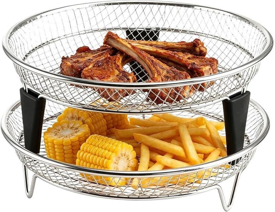 Luchtfriteuse Mand Droogrooster Airfryer Gezond Koken Stapelbaar Ontwerp 2 Stuks Zilver