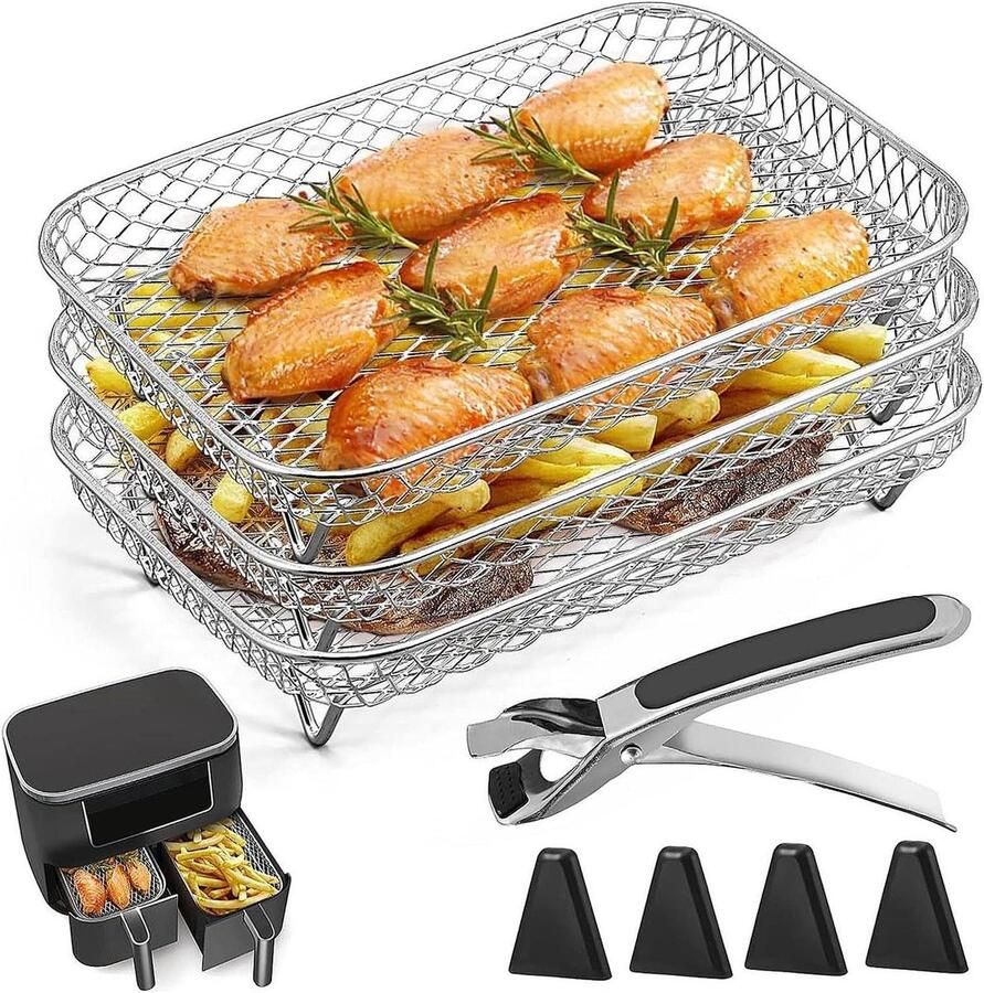 Airfryer Mand Grillrek Extra Kookruimte Stapelbaar Ontwerp 20 cm Zilver