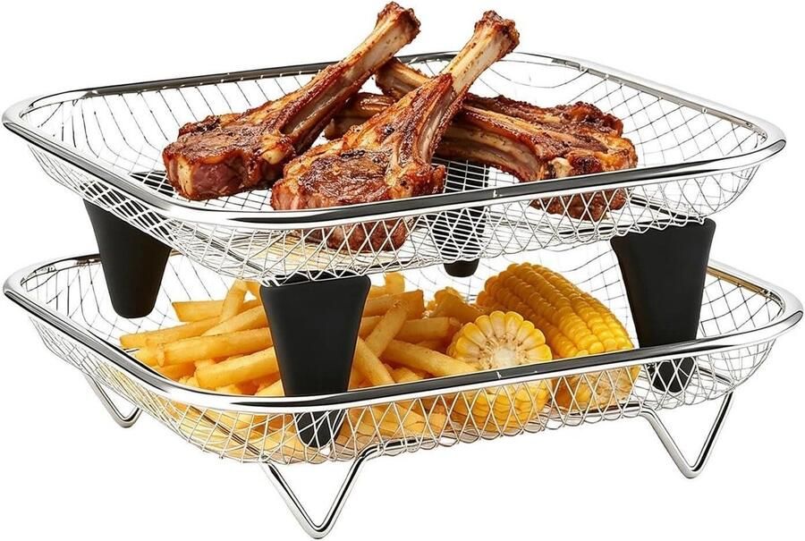 Airfryer Mand Ovenmand Grillrek Gelijkmatig Koken Stapelbaar Met Voetjes 18 x 18 cm Zilver