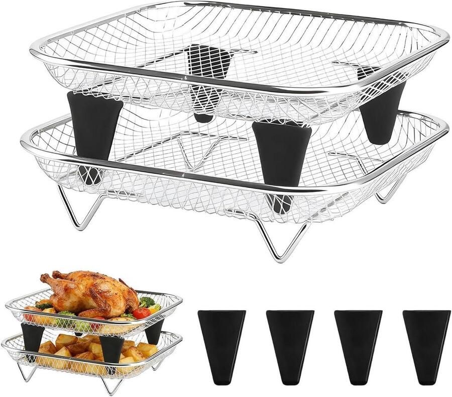 Airfryer mand Roestvrij staal rek Gelijkmatig koken Stapelbaar dienblad 22 cm Zilver