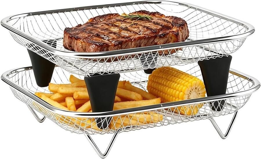 Airfryer Mand Roestvrijstalen Plank Maaltijd Voorbereiding Stapelbaar Ontwerp 2-delig Zilver