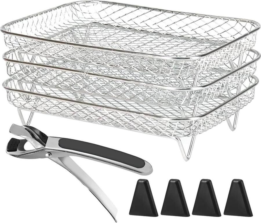 Airfryer Mand Rooster Keuken Accessoire Meer Koken 3-Laags Stapelbaar 20.5 cm Zilver