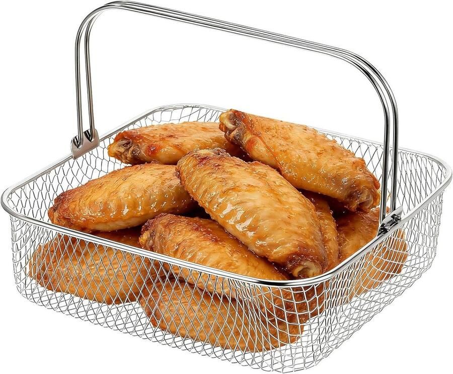 Airfryer Mand Serveermand Frituurmandje Gelijkmatig Bakken Roestvrijstaal Multifunctioneel 20.5 x 20.5 x 6.5 cm Zilver