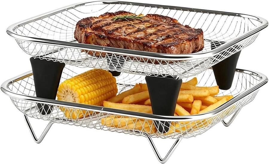 Airfryer Mand Stapelbaar Rooster Gelijkmatig Koken Met Siliconen Voetjes 18x18 cm Zilver